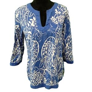 JONES WEAR Tunic MED Blue White Paisley Top Cotton Split Hem Shirt